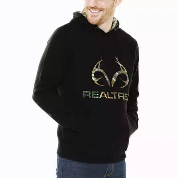 RealTree hunter antlers logo Camo Hoodie Sweatshirt black pullover mens adult XL - Picture 1 of 9
